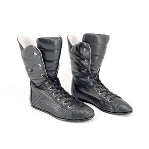 Chanel Black Leather Lace Up Sneaker Boots Size 37.5 US 6.5-7 Women's Boxing